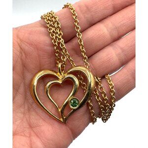 Vintage Avon Gold Tone Heart Necklace With Green Rhinestone